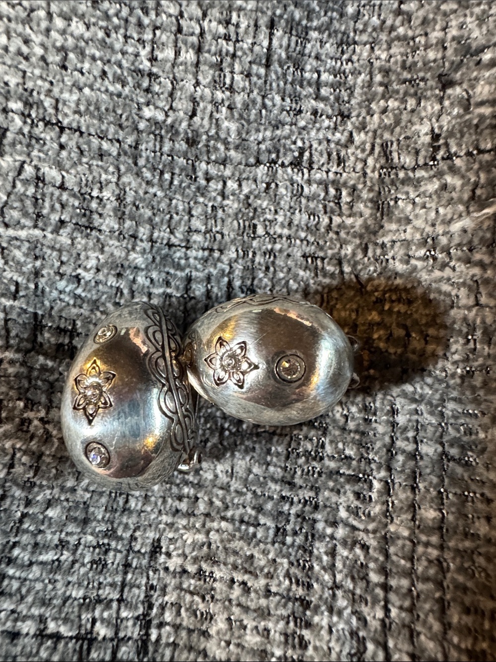 Brighton Vintage-Silver Floral Crystal Accents Etched Clip-On Earrings
